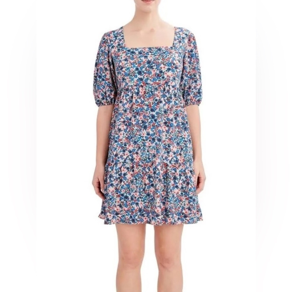 BCBG Floral Puff Sleeve Paris Chiffon Mini Dress Blue XL